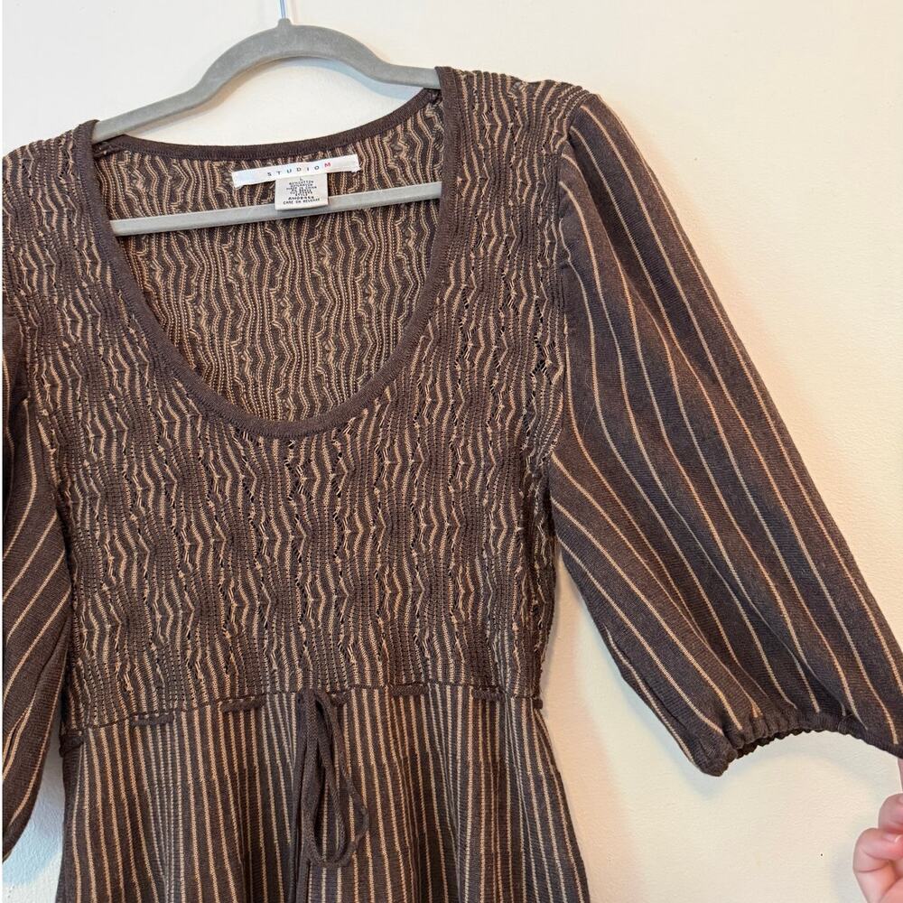 Studio M Brown Striped Smocked Midi Dress Size L
